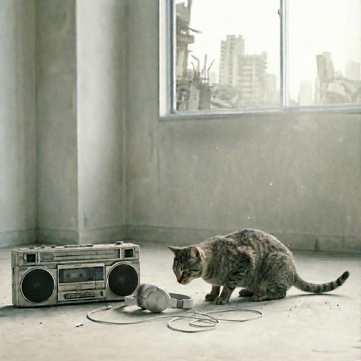 誰もいない部屋でラジカセとヘッドホンを見つめる猫